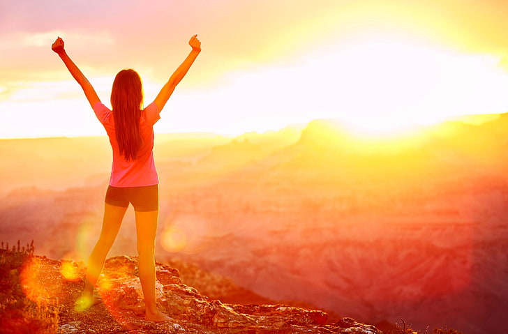women's pink t-shirt and black shorts, freedom, girl, the sun, nature, background, Wallpaper, mood, shorts, hands, day, widescreen, full screen, HD wallpapers, HD wallpaper