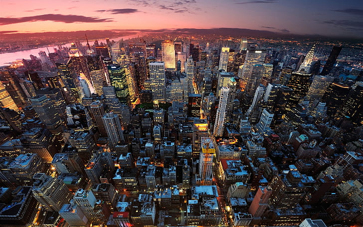 New York City, Manhattan, USA, natt, solnedgång, skyskrapor, ljus, New, York, City, Manhattan, USA, Natt, Solnedgång, Skyskrapor, Lights, HD tapet