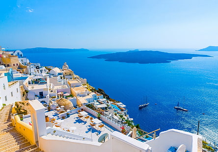 白いコンクリートの家、町、サントリーニ島、ギリシャ、地平線、家、島、海、海、サンシャイン、町、 HDデスクトップの壁紙 HD wallpaper