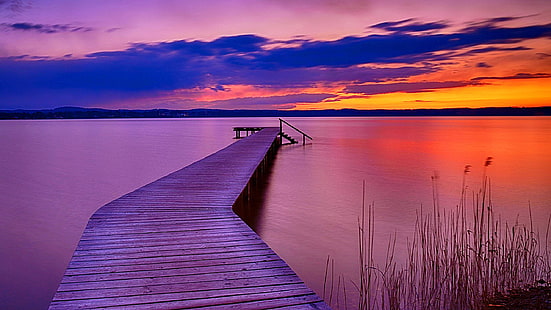 pontile, tramonto, strada rialzata, molo, lago, stupendo, impressionante, Sfondo HD HD wallpaper