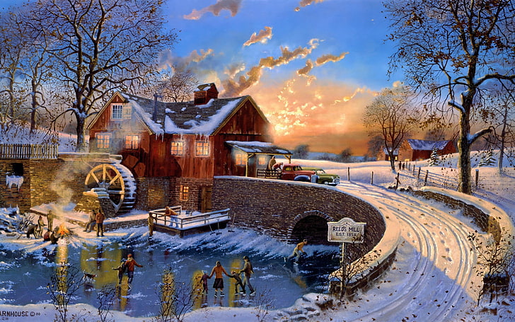 Die Eislaufpartei, braunes Holzhaus mit Wassermühle nahe Fußbrückenillustration, Art And Creative, Baum, Kunst, Herbst, Island, Malerei, HD-Hintergrundbild