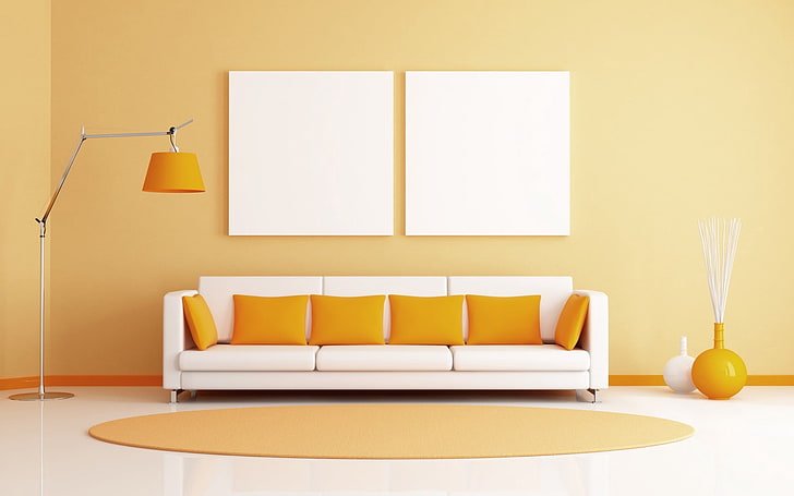 sofá almofadado branco, sala, sofá, almofadas, lâmpadas, tapete, HD papel de parede