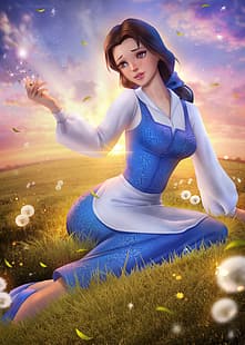 Belle, Piękna i Bestia, księżniczki Disneya, Disney, postać fikcyjna, brunetka, brązowe oczy, rozchylone usta, sukienka, fartuch, pole, niebo, kwiaty, mniszek lekarski, pionowy, grafika, rysunek, ilustracja, fan art, AyyaSAP, Tapety HD HD wallpaper