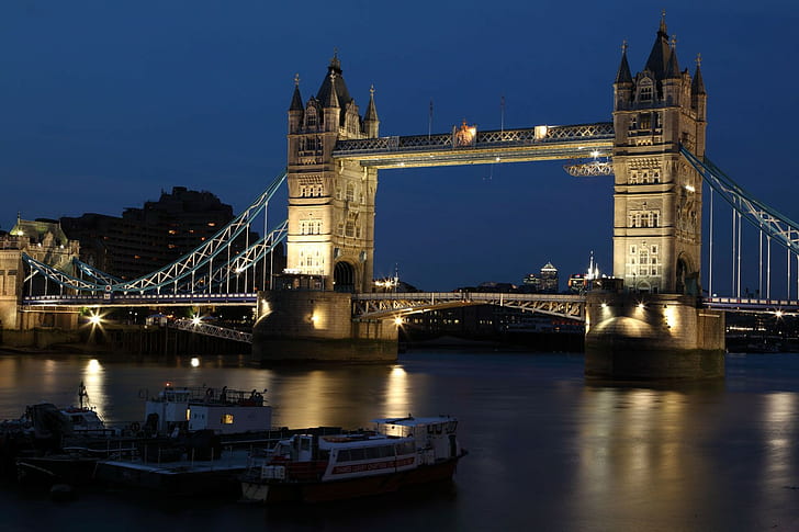 Tower Bridge, arsitektur, bangunan, kota, gelap, senja, Inggris, lampu, London, malam, sungai, langit, Sungai Thames, air, jembatan, Wallpaper HD