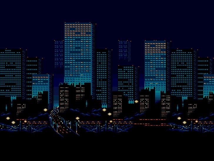 минимализм цифровое искусство пикселей пиксель арт городской пейзаж небоскреб здание ночные огни 3d дорога синий фон, HD обои