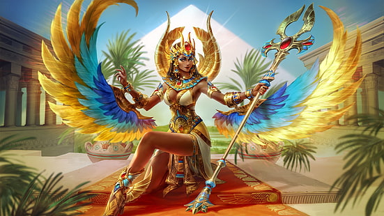 女の子、スタイル、装飾、女神、ファンタジー、アート、ゴールド、フィクション、キャラクター、ゲームアート、図、サイモンエッカート、SMITE、byサイモンエッカート、SMITE Isis、ISIS、古代エジプトの女神、Isidis、 HDデスクトップの壁紙 HD wallpaper