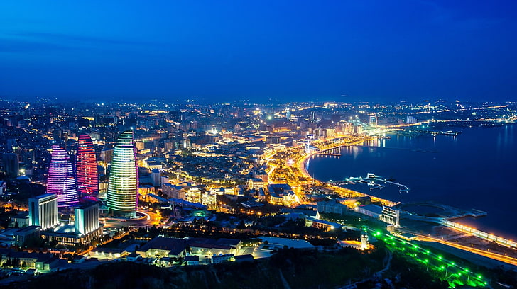 도시, 바쿠, 아제르바이잔, 불꽃 타워, 밤, 파노라마, HD 배경 화면