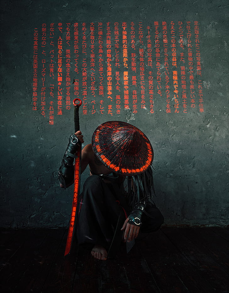 samurai, cyber, warrior, symbols, Japan, sword, HD wallpaper