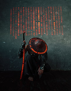  samurai, cyber, warrior, symbols, Japan, sword, HD wallpaper HD wallpaper