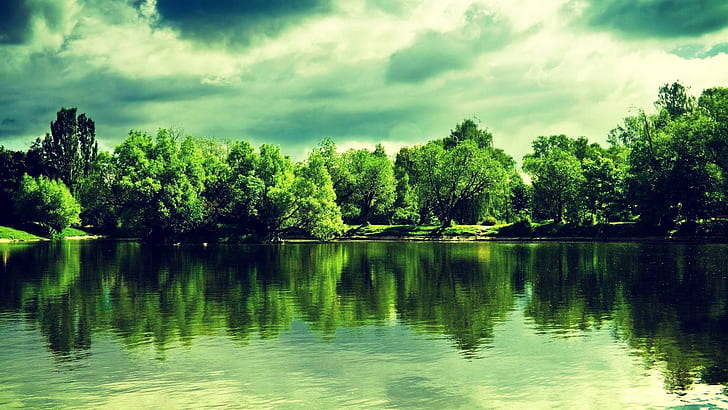 езеро, природа, пейзаж, зелен, дървета, езеро, дървета, пейзаж, зелен, HD тапет