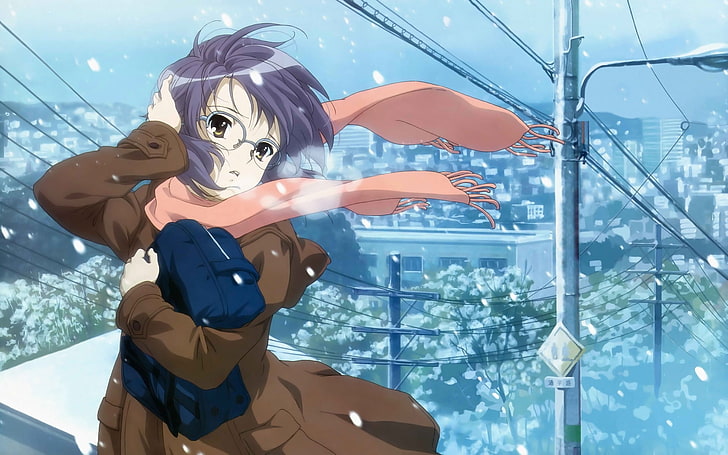 gray-haired girl anime character wallpaper, girl, scarf, wind, cold, winter, HD wallpaper