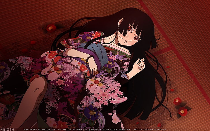 Enma Ai, anime girls, anime, Jigoku Shoujo, kimono, flowers, long hair, red eyes, lying down, HD wallpaper