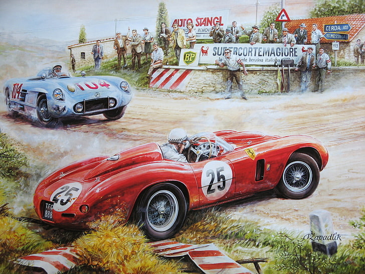 vintage röda och blå bilar illustration, människor, figur, tävling, bilar, sport, HD tapet