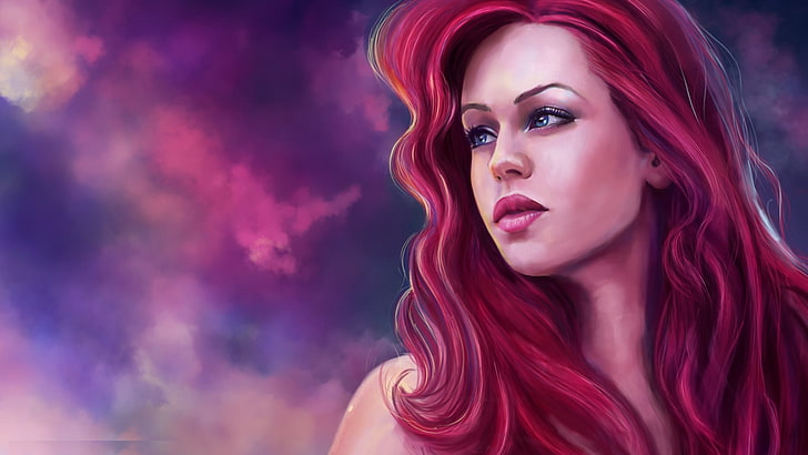 portrait de femme en peinture, look, visage, art, Ariel, la petite sirène, cheveux roux, Fond d'écran HD