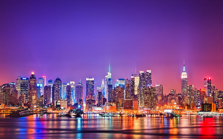 Ню Йорк Сгради Нощни небостъргачи HD, нощ, сгради, градски пейзаж, небостъргачи, нови, Йорк, HD тапет