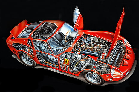 Ferrari, 250 GTO, red, engineering, Cross Section, HD wallpaper HD wallpaper