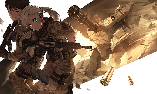 アニメ、アニメの女の子、武器、銃、ユニフォーム、長い髪、白髪、水色の目、 HDデスクトップの壁紙 HD wallpaper