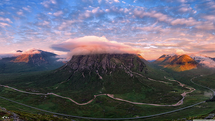 gunung berapi, alam, hutan, sungai, jalur gunung, awan, lanskap, langit, Dataran Tinggi Skotlandia, Wallpaper HD