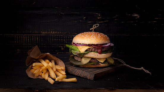 Nourriture, hamburger, frites, nature morte, Fond d'écran HD HD wallpaper