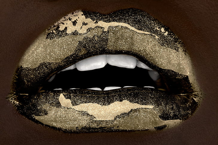 mulut, gigi, mulut terbuka, emas, bibir, glitter, closeup, Wallpaper HD