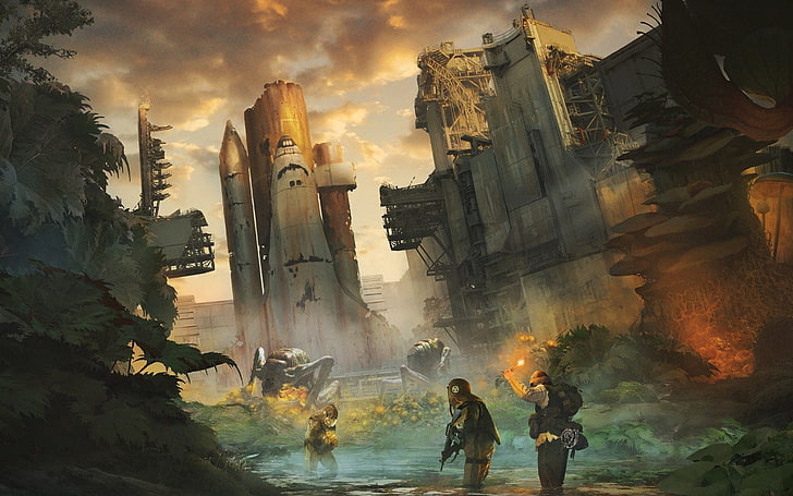 two soldier walking near structure wallpaper, artwork, concept art, apocalyptic, space shuttle, abandoned, HD wallpaper