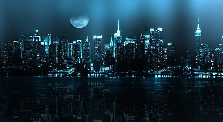 City, city skyline wallpaper, City, Moon, Blue, Night, Skyscrapers, Skyline, HD wallpaper