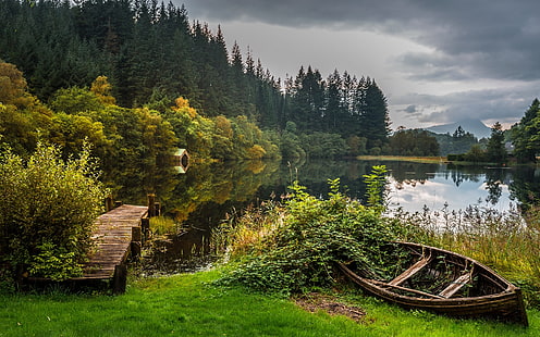 autunno, foresta, lago, barca, Scozia, ponte, Loch Lomond, Parco nazionale di Trossachs, Sfondo HD HD wallpaper