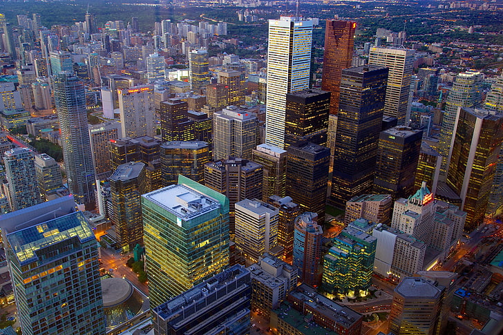 światła, wieżowce, wieczór, Kanada, panorama, megapolis, Toronto, Tapety HD