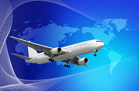 белый воздушный самолет, небо, путешествия, синий, карта, земля, самолет, небо, самолет, континенты, туризм, HD обои HD wallpaper