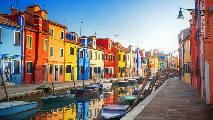 hus, båtar, båt, Italien, hus, Venedig, fönster, gränd, turism, fasad, färgglada hus, gata, vatten, stad, kanal, himmel, grannskap, burano, vattenväg, HD tapet