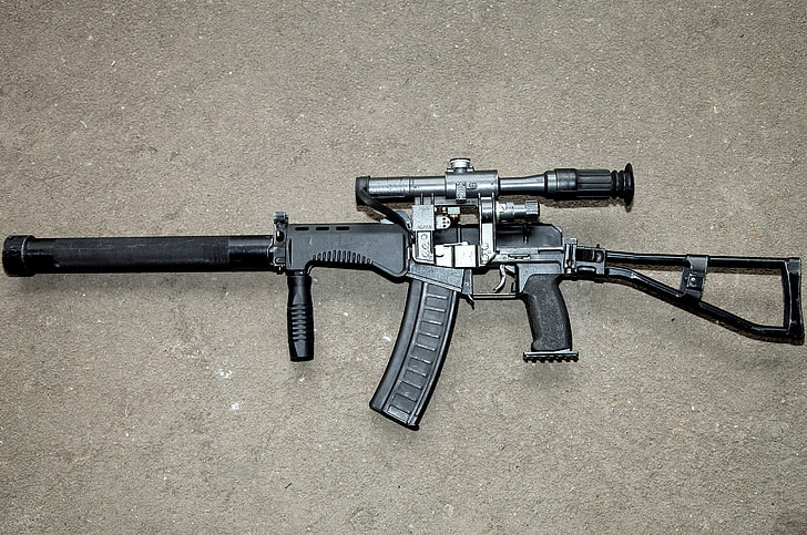 black rifle, weapons, view, machine, sight, shop, with, arm, installation, super, muffler, 9mm, butt, metal, beautiful, trunk, compact, developed, cartridges, Left, manufacturer, 1994, optical, handguard, 9×39 mm, SP-6, SP-5, Russian, TSNIITOCHMASH, year, folding, time, laid out, sights, night, framework, SR-3, pie, additional, buttstock, unfolded, proven, SAMPLE, possible, PSO, HD wallpaper