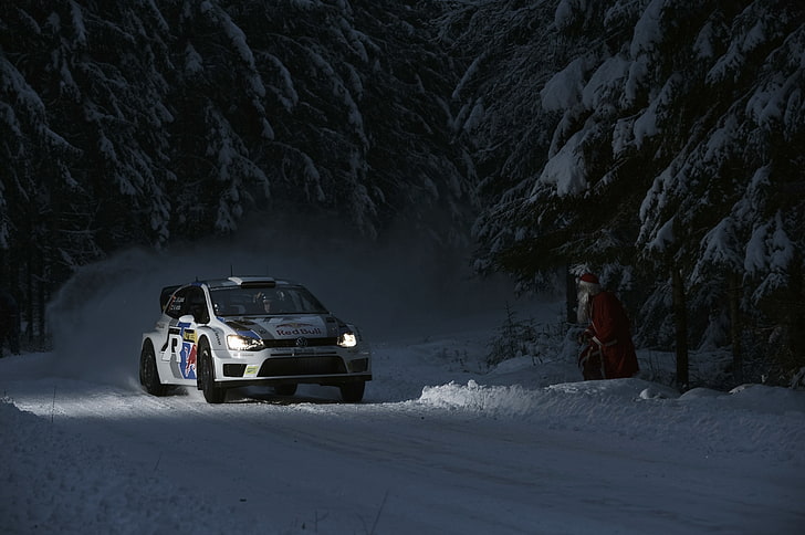 white coupe, Auto, Night, White, Snow, Forest, Volkswagen, Machine, Light, Lights, Red Bull, WRC, Rally, Polo, Santa Claus, HD wallpaper