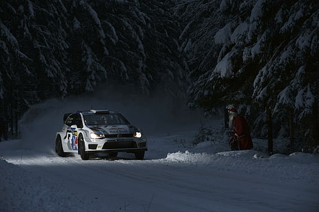 vit coupe, Auto, Night, White, Snow, Forest, Volkswagen, Machine, Light, Lights, Red Bull, WRC, Rally, Polo, Santa Claus, HD tapet HD wallpaper