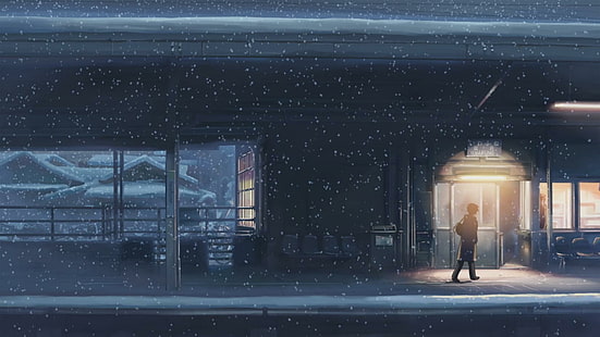 5 centimeter per sekund, Makoto Shinkai, anime, snö, vinter, gå ensam, hus, 5 centimeter per sekund, makoto shinkai, anime, snö, vinter, gå ensam, hus, HD tapet HD wallpaper
