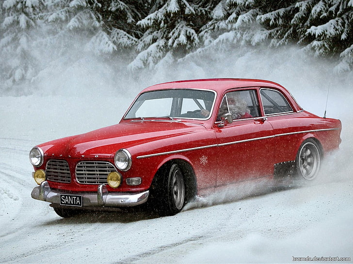 vintage red coupe, snow, santa, Santa Claus, drift, car, Volvo, humor, winter, red, red cars, HD wallpaper