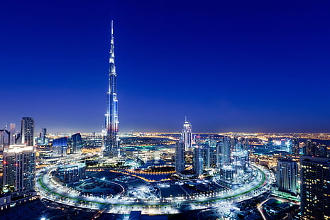 UAE city of Dubai, burj khalifa building, UAE city of Dubai, Dubai, Burj Khalifa, lights, Night, HD wallpaper HD wallpaper