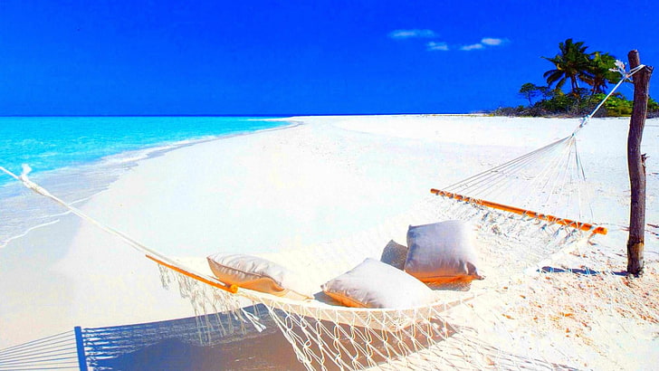 sea, sun, beach, sand, blue, white, hammock, HD wallpaper