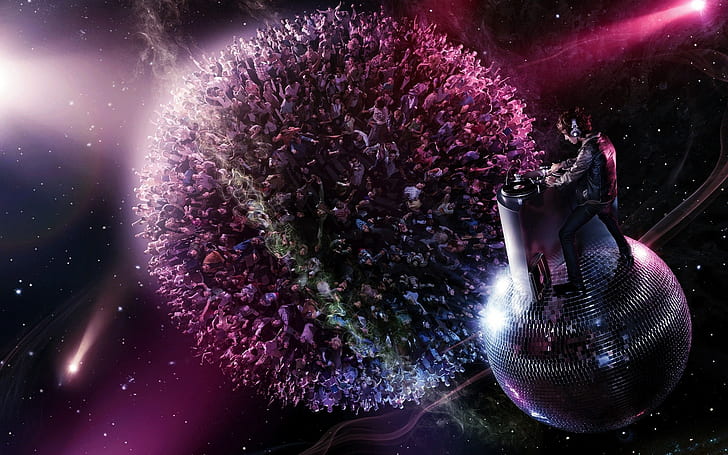Crowd Concert Rave DJ Purple Turntables HD, atom illustration, music, purple, concert, dj, crowd, rave, turntables, HD wallpaper