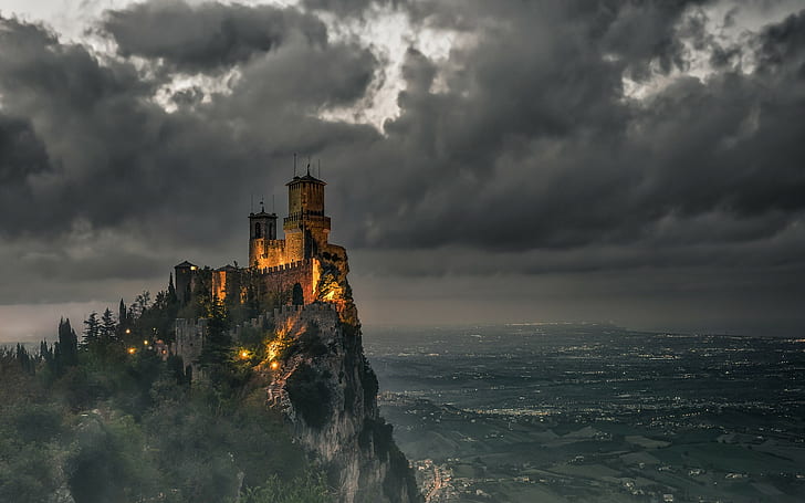clouds, castle, San Marino, shrubs, mist, lights, valley, landscape, sky, mountains, HD wallpaper