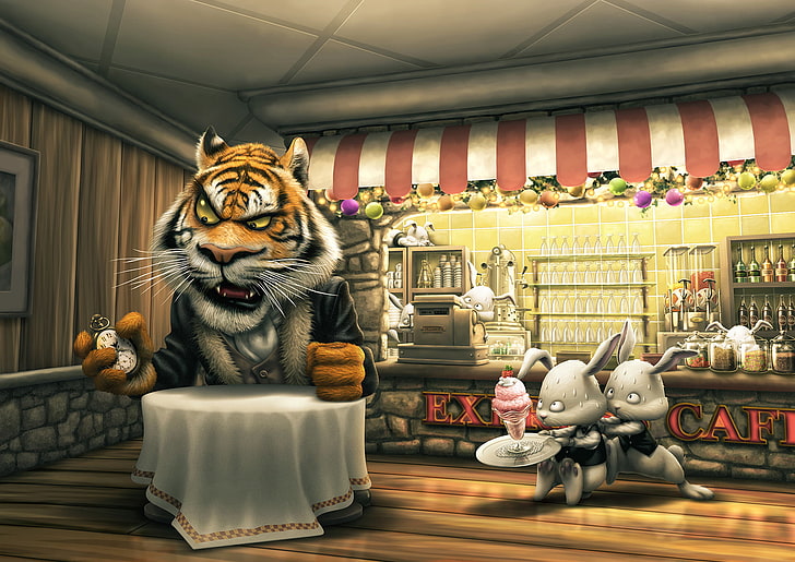 два кролика рядом с тигром цифровая живопись, тигр, часы, заказ, мороженое, кролики, кафе, стол, клиент, касса, поздно, официанты, HD обои