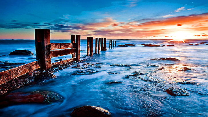sea, ocean, horizon, shore, water, sky, wave, sunset, coast, calm, evening, dusk, HD wallpaper