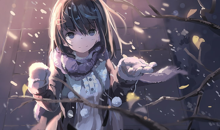 anime girl, winter, snow, tree, wind, short hair, scarf, Anime, HD wallpaper