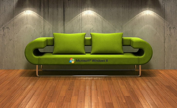 Windows 8   3D Couch, green sofa with two throw pillows, Windows, Windows 8, Couch, HD wallpaper