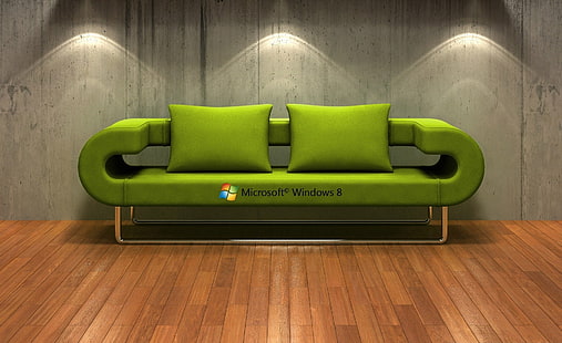 Windows 8   3D Couch, green sofa with two throw pillows, Windows, Windows 8, Couch, HD wallpaper HD wallpaper