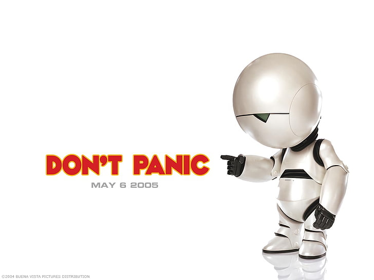 Don't Panic wallpaper, Movie, The Hitchhiker's Guide to the Galaxy, Marvin (The Hitchhiker's Guide to the Galaxy), HD wallpaper