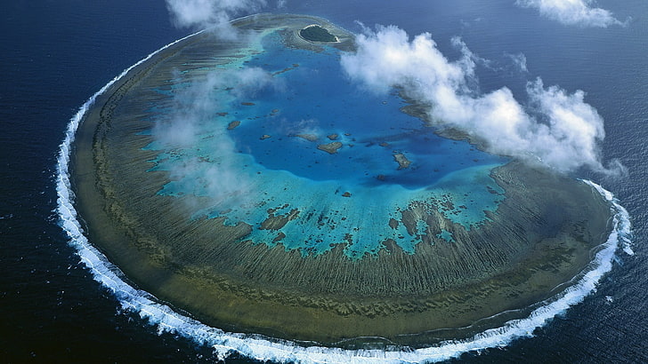 въздушна снимка на плато, Австралия, остров, вода, море, облаци, пейзаж, пуст остров, природа, зелено, HD тапет