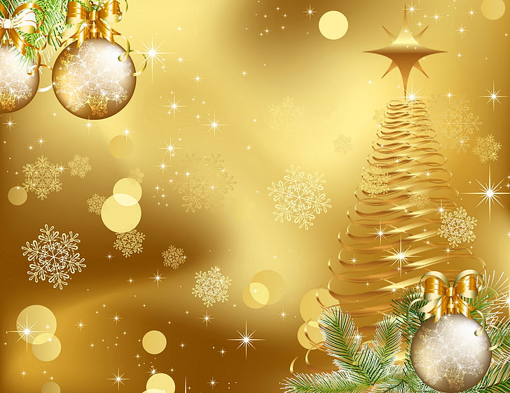골드 크리스마스 트리 일러스트, 공, 눈송이, 그래픽, 나무, 크리스마스, 새해, HD 배경 화면