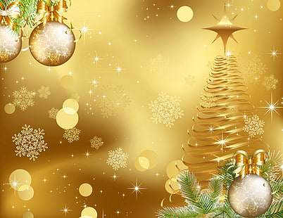 guld julgran illustration, bollar, snöflingor, grafik, träd, jul, nytt år, HD tapet HD wallpaper