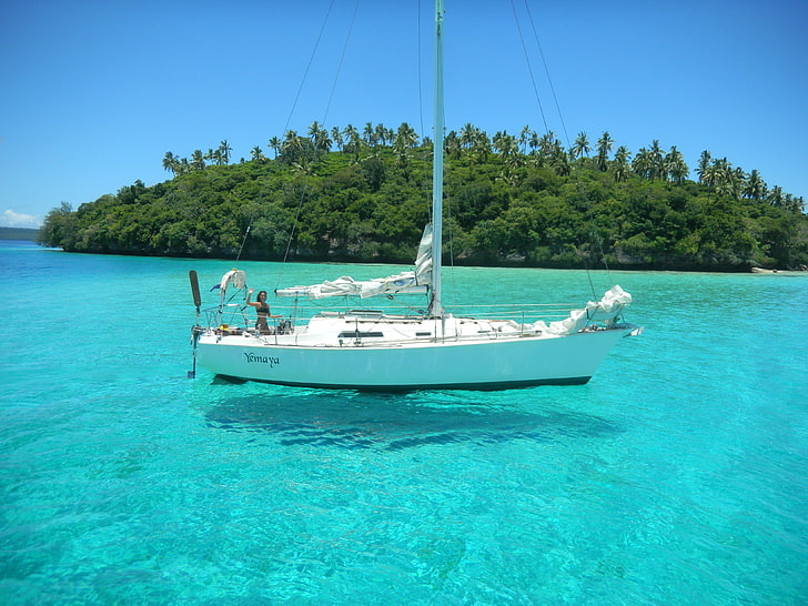 barco blanco, trópicos, isla, yate, Fondo de pantalla HD