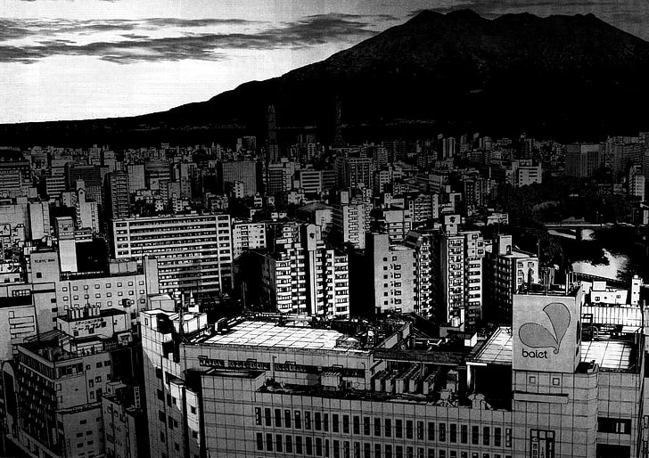 gri tonlamalı fotoğraf şehir binaları, Oyasumi Punpun, cityscape, karanlık, tek renkli, HD masaüstü duvar kağıdı